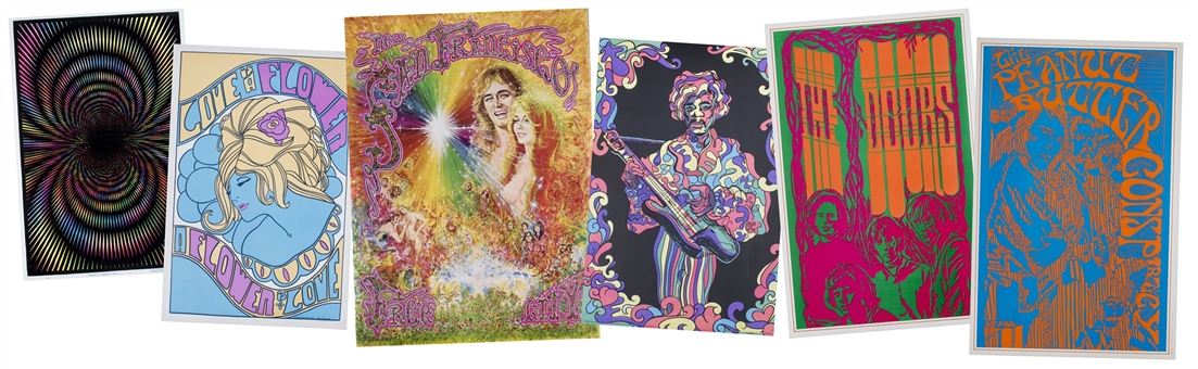 Lot of (6) 1960s & 1970s Collection of Psychedelic Posters Including 1969 Jimi Hendrix Black Light Litho 
